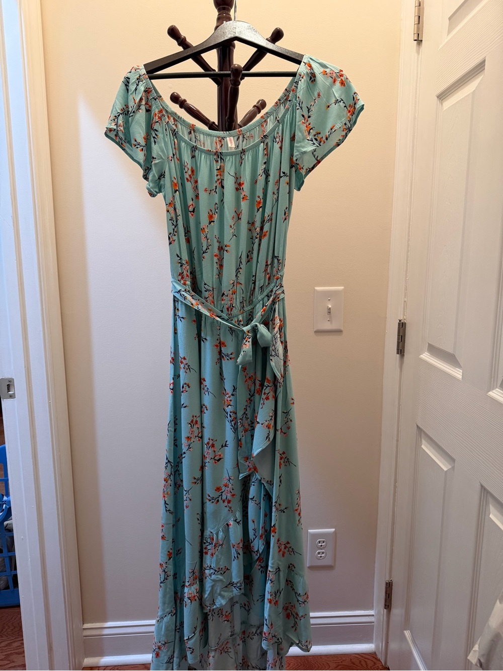 Xhilaration Aqua Floral Maxi Dress with Tie Waist